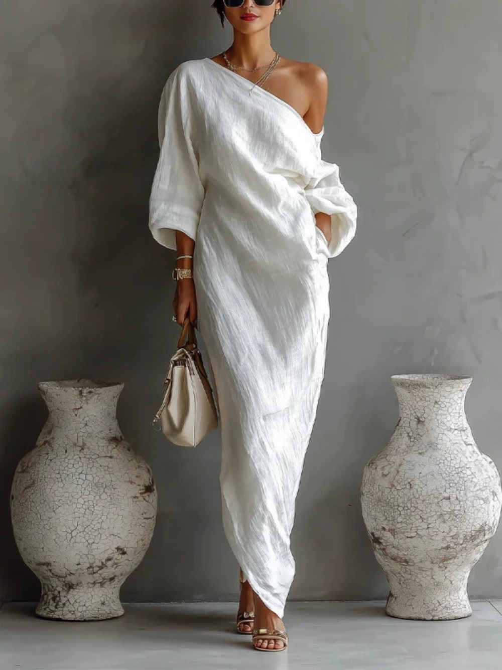 Asymmetric Textured Off Shoulder Long Dress Winter Unique Irregular